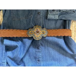 Genuine Leather Suede Brown Belt with Jeweled Buckle